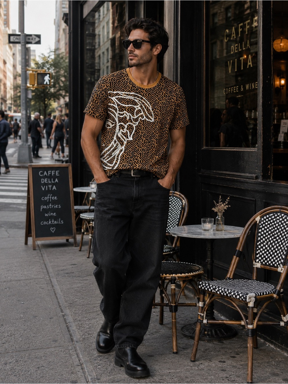 Vintage Versace Collection Medusa Head Geometric Pattern T-Shirt Mustard Yellow